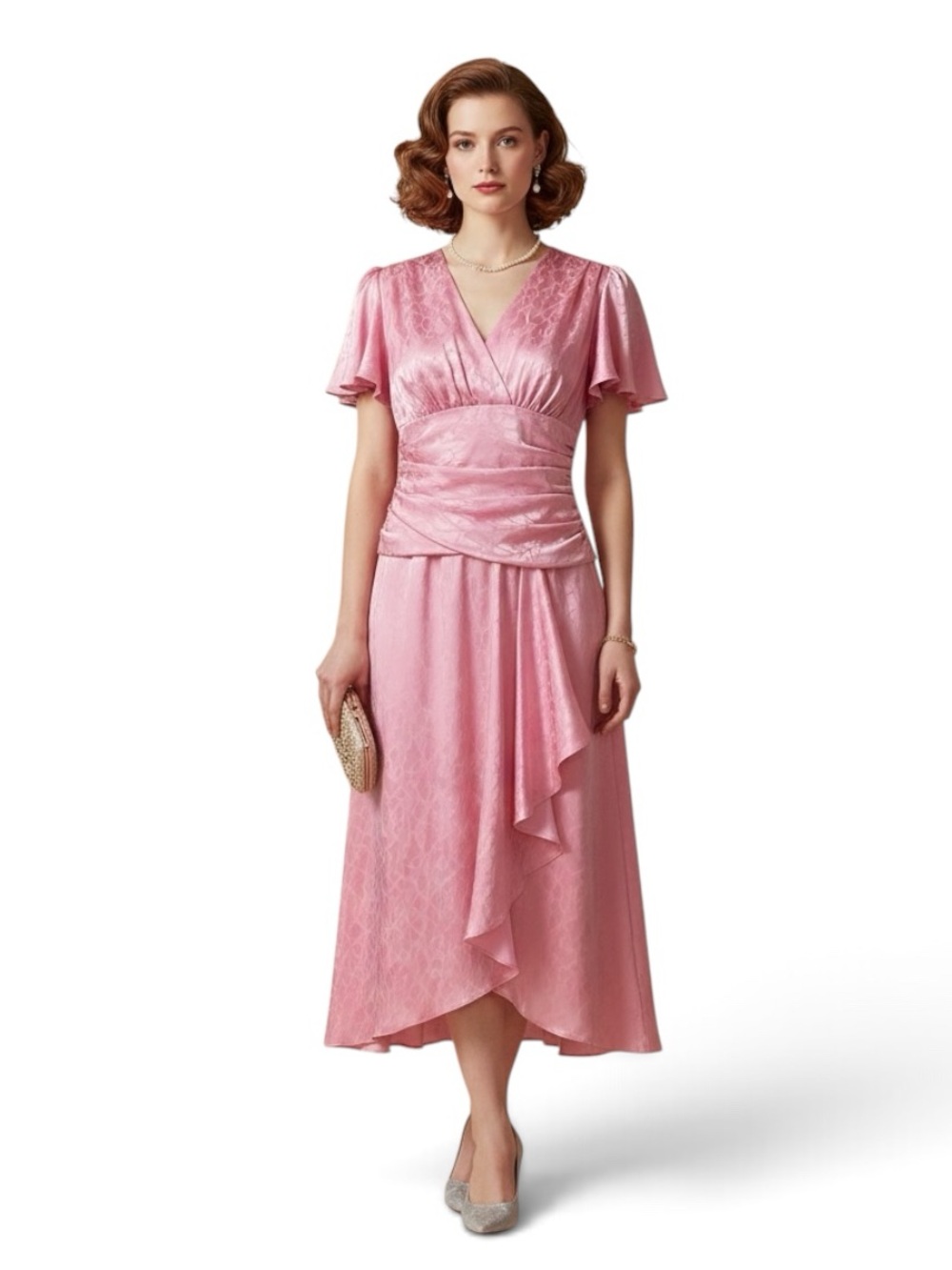 VINTAGE Elegant Pink Satin Midi Dress. MEDIUM.  Nu-Mode brand. Side zipper